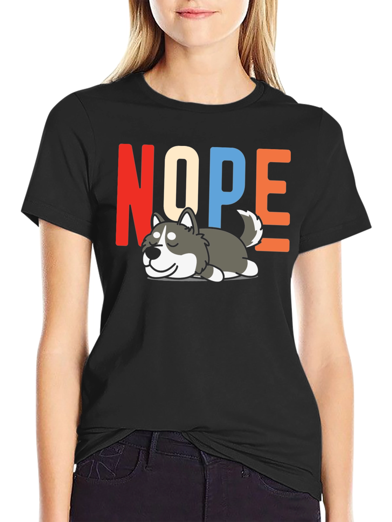 Black Nope Husky T-Shirt - Funny Lazy Dog Graphic Tee view 2