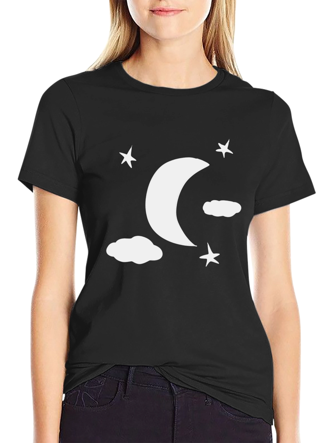 Black Moon Stars Clouds Graphic Tee - Black Casual Shirt view 2