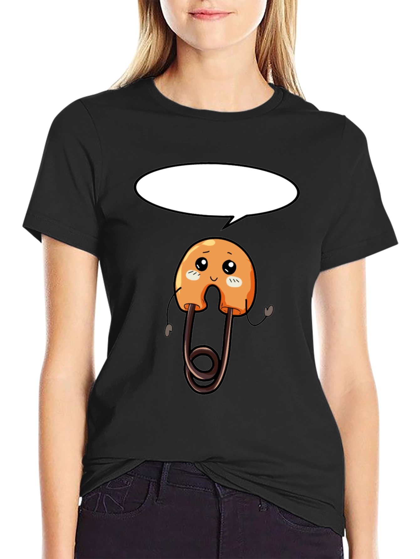 Black Cute Safety Pin Cartoon Black T-Shirt view 2