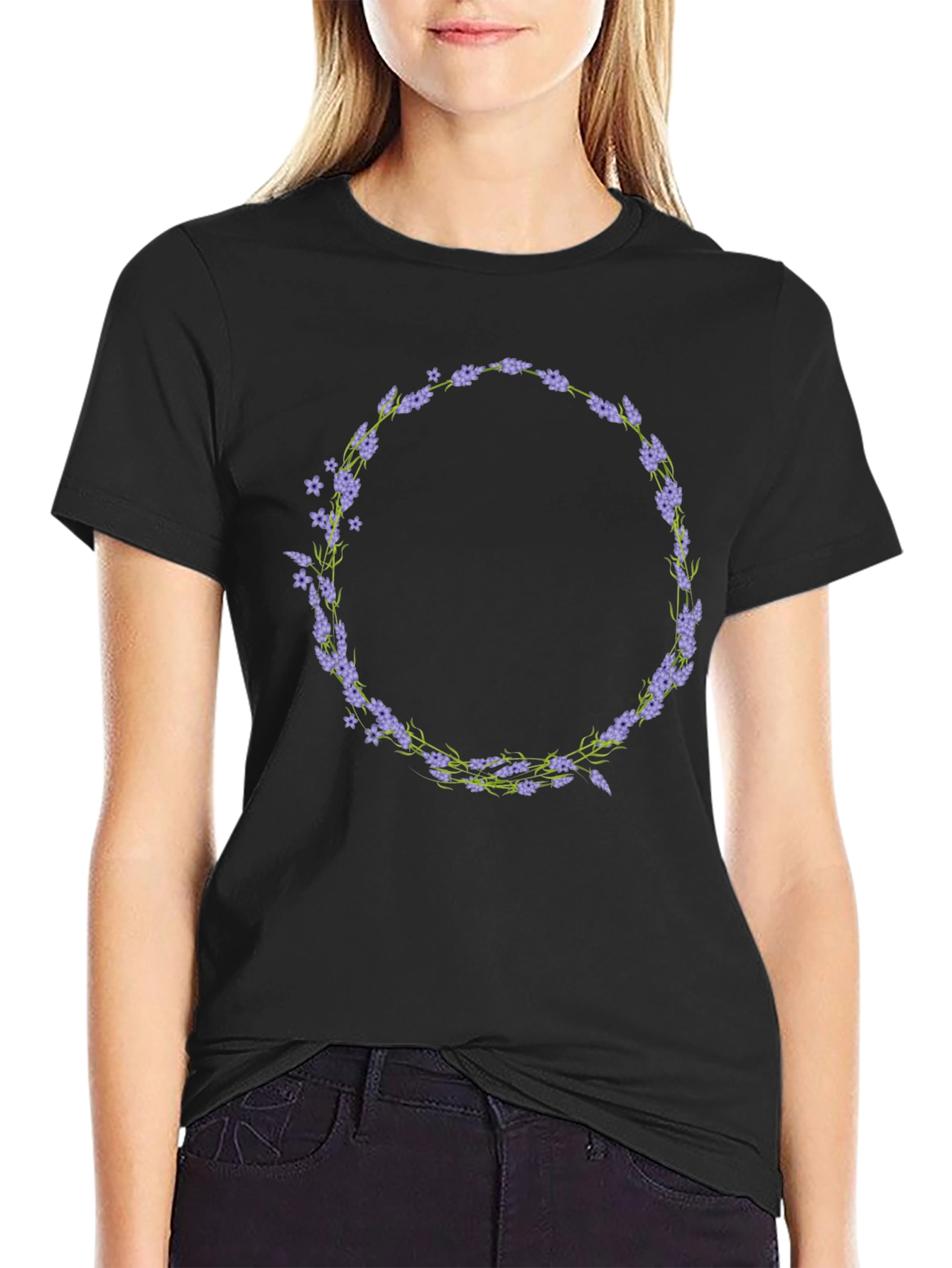 Black Floral Wreath T-Shirt - Black Unisex Tee view 2