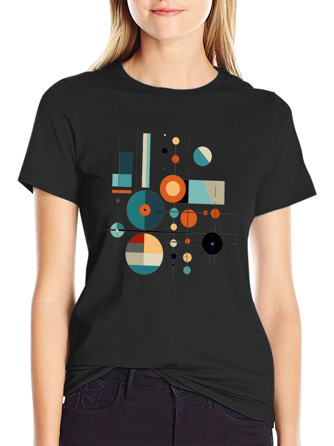 Black Geometric Art Graphic Print Black T-Shirt view 2