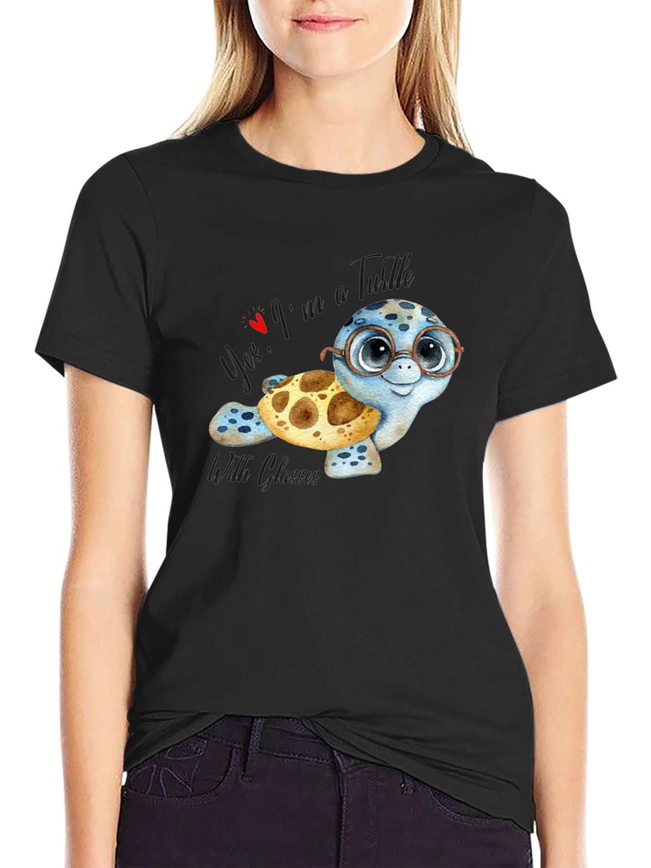 Black Cute Turtle with Glasses T-Shirt view 2