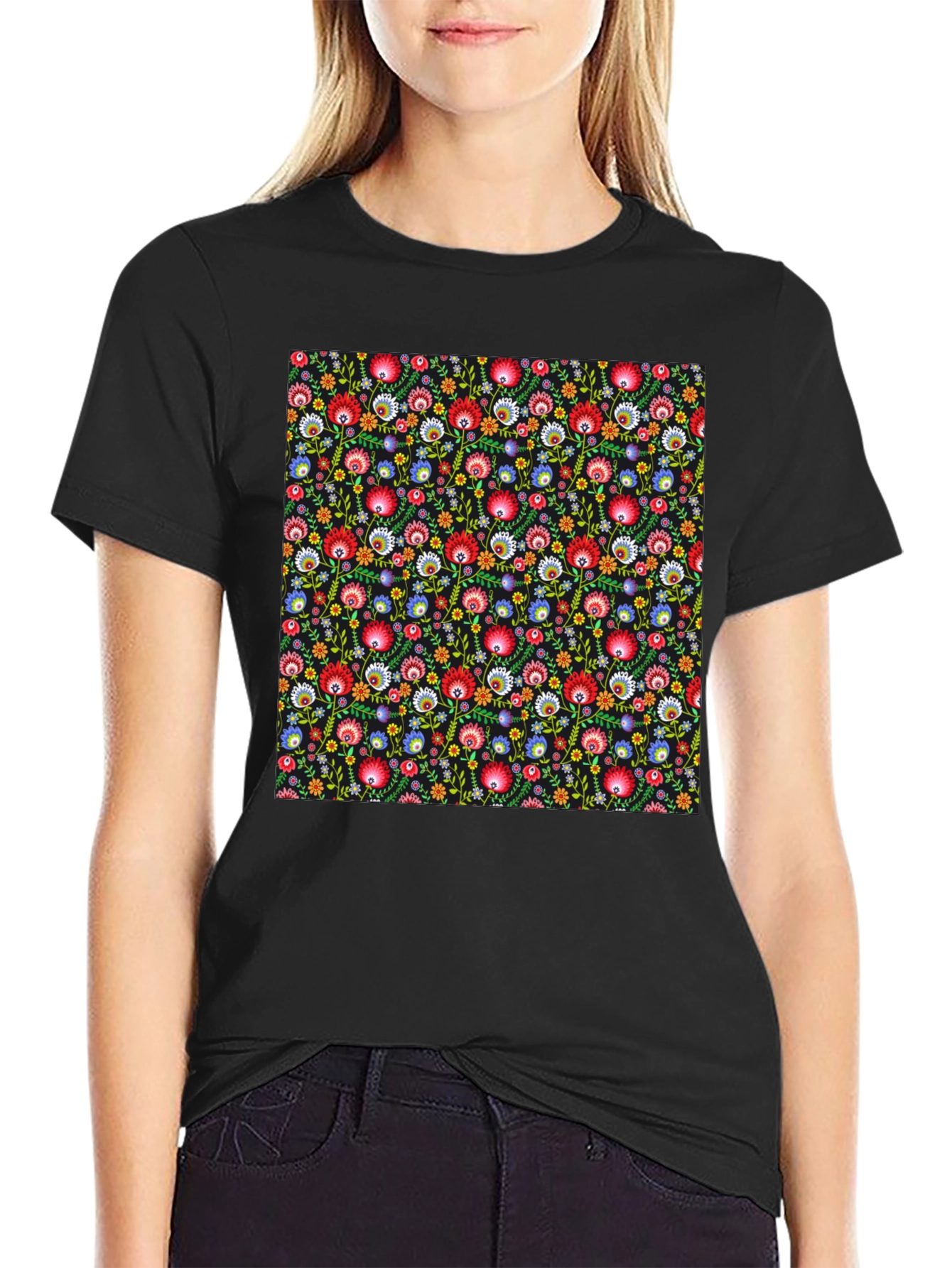 Black Floral Pattern T-Shirt - Vibrant Design view 2