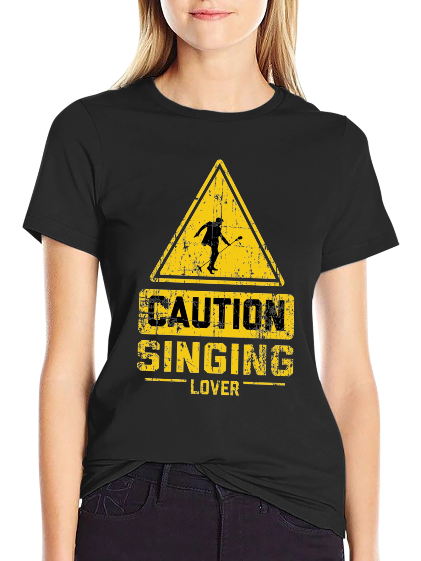 Black Caution Singing Lover Black T-Shirt view 2