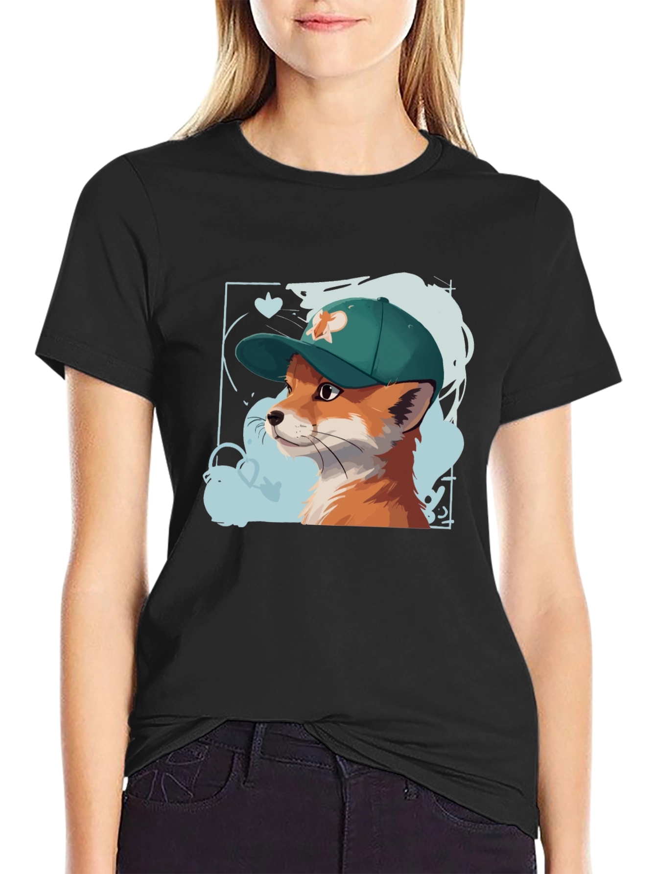 Black Cool Fox Tee: Graphic Print Cotton T-Shirt view 2