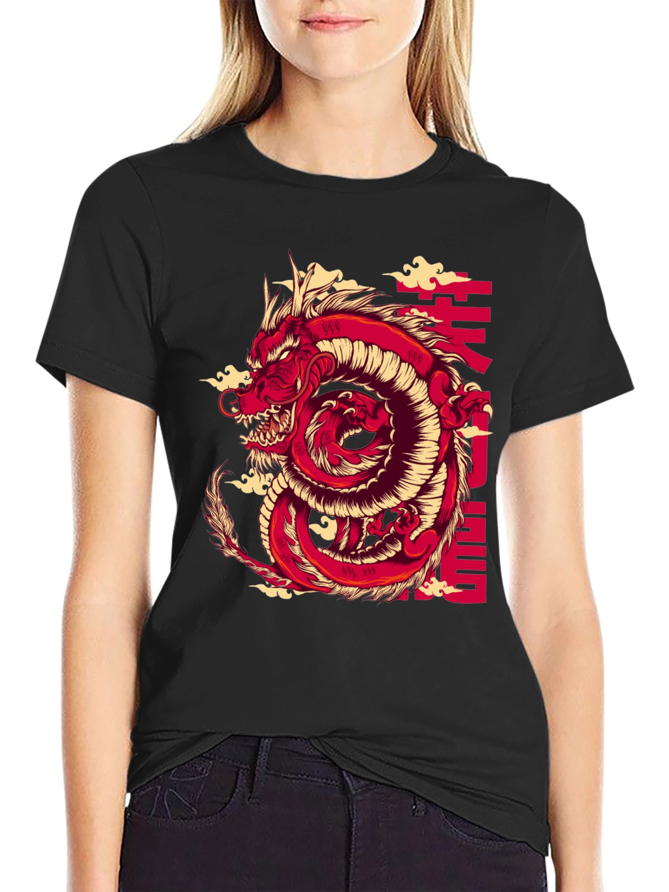 Black Red Dragon Graphic Print Black T-Shirt view 2