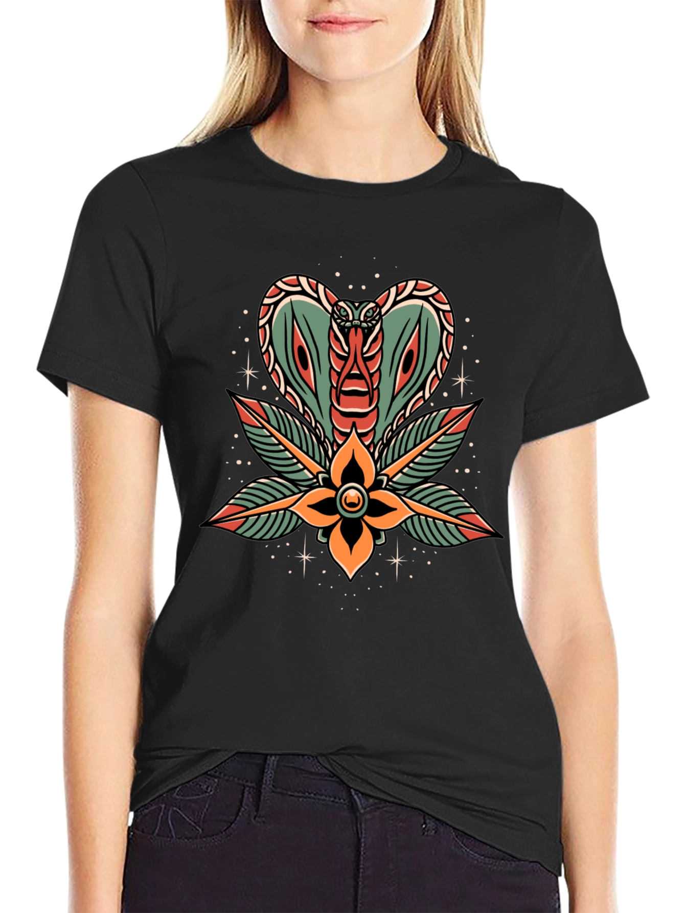 Black Cobra Flower Tattoo Graphic T-Shirt view 2