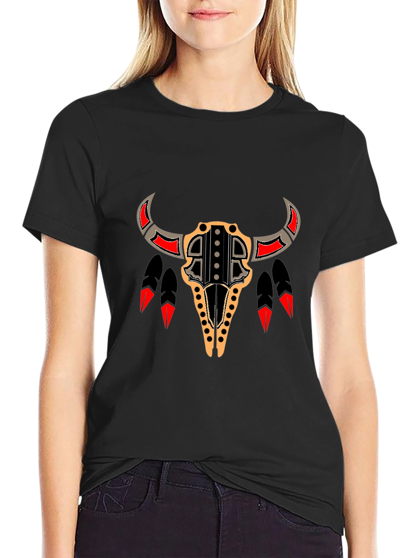 Black Tribal Bull Skull Graphic Tee - Black view 2