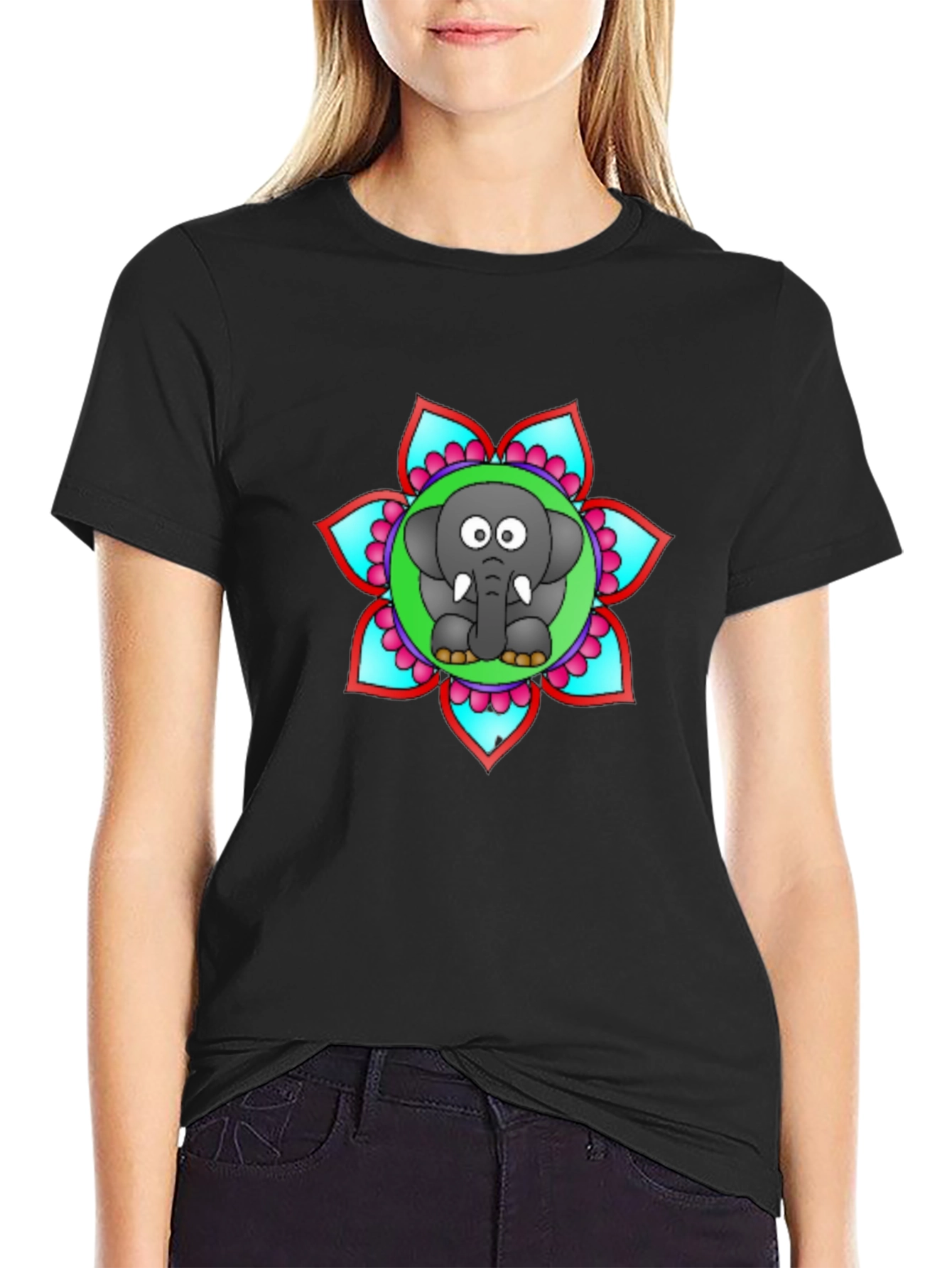 Black Cartoon Elephant Mandala Graphic Black T-Shirt view 2