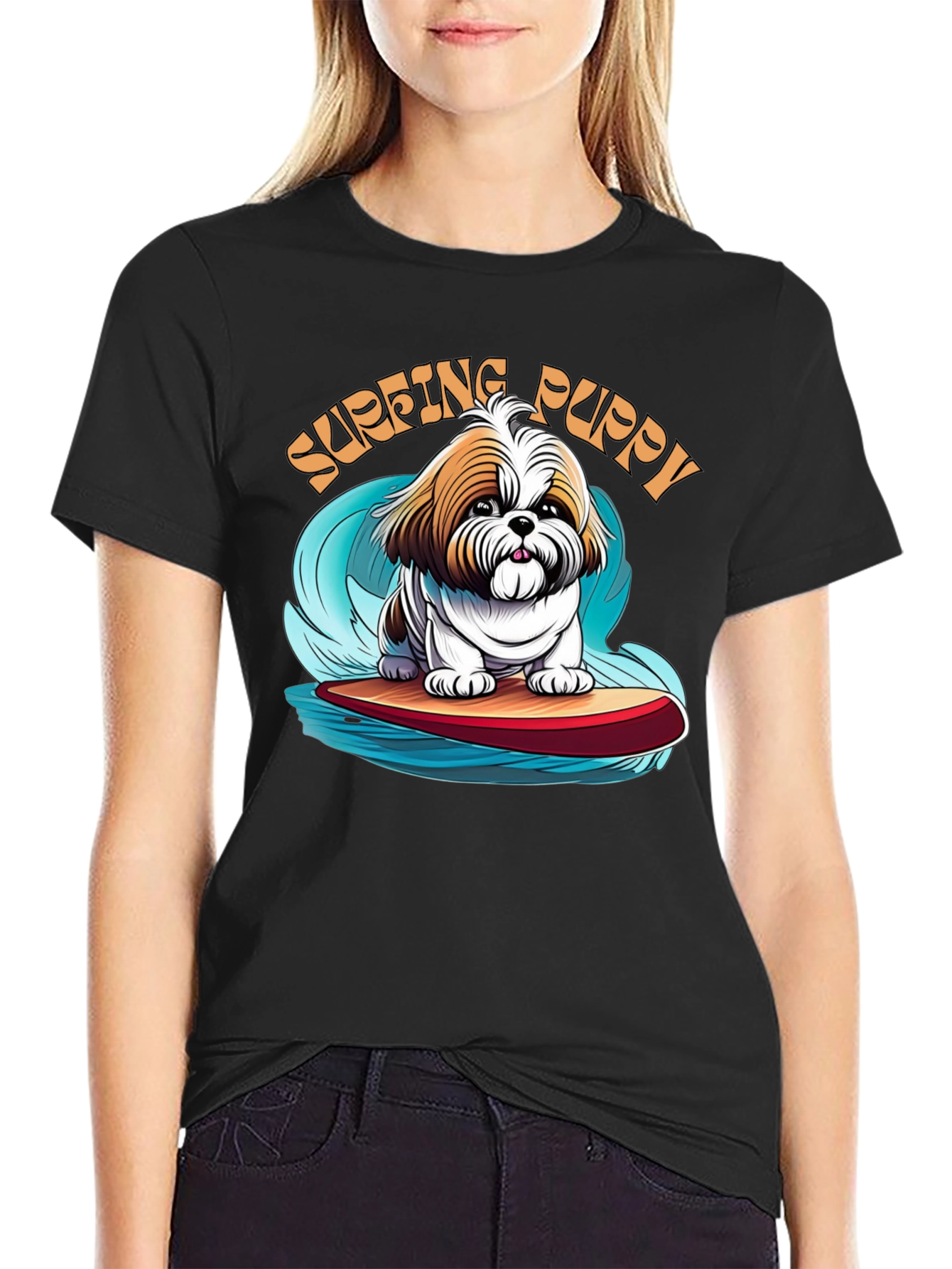 Black Surfing Puppy T-Shirt - Cute Dog Design view 2