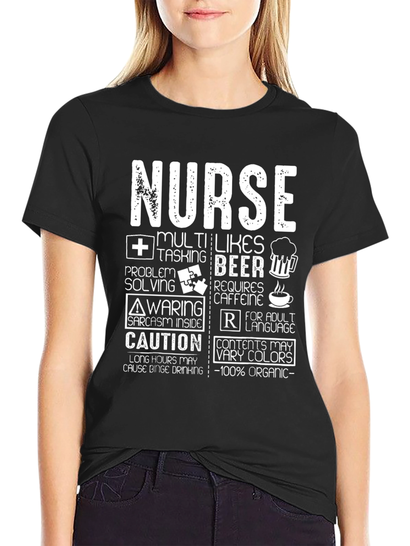 Black Nurse Funny T-Shirt - Multi-Tasking, Beer, Caffeine, Organic view 2