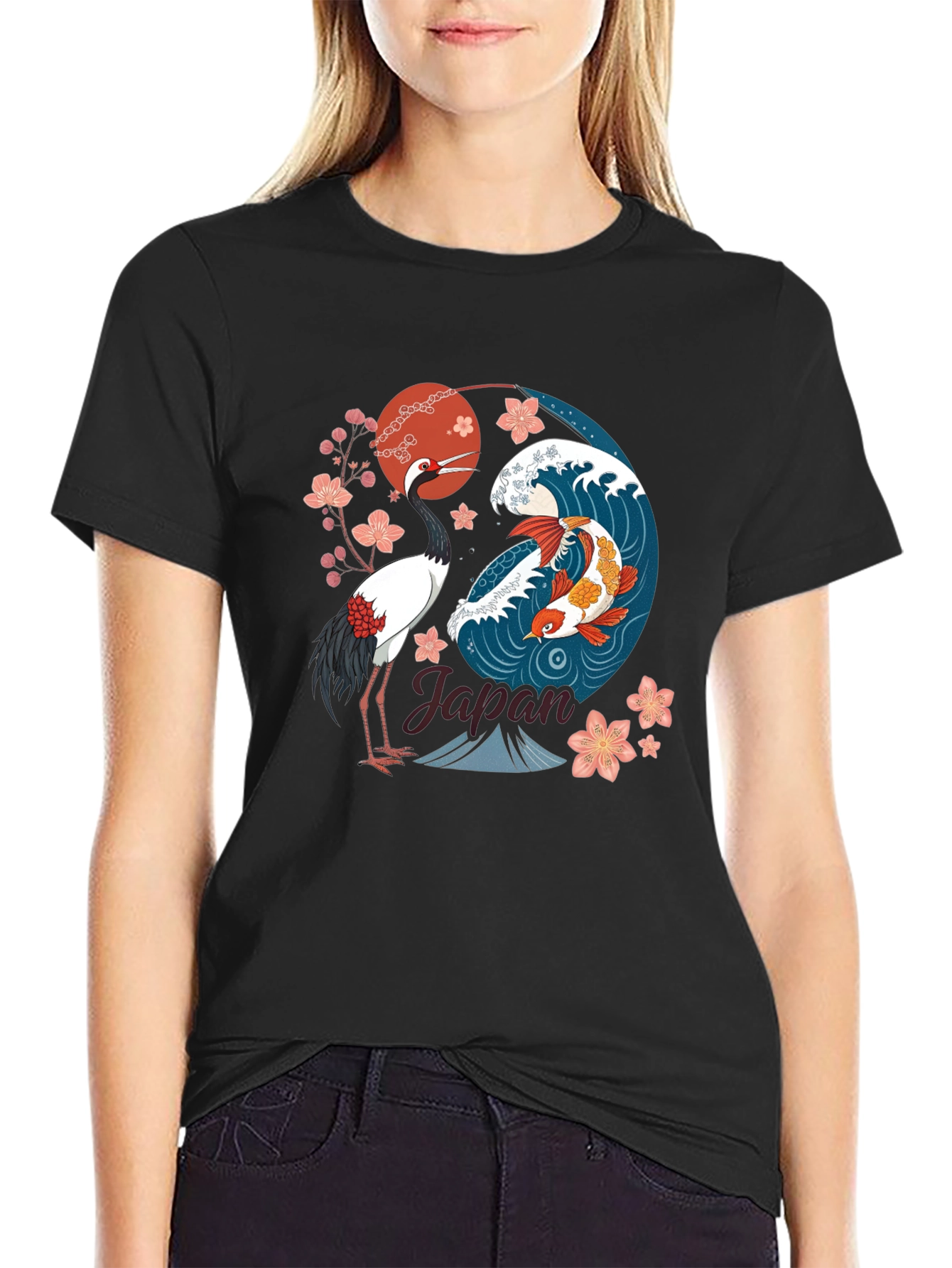 Black Japanese Koi and Crane Graphic T-Shirt view 2