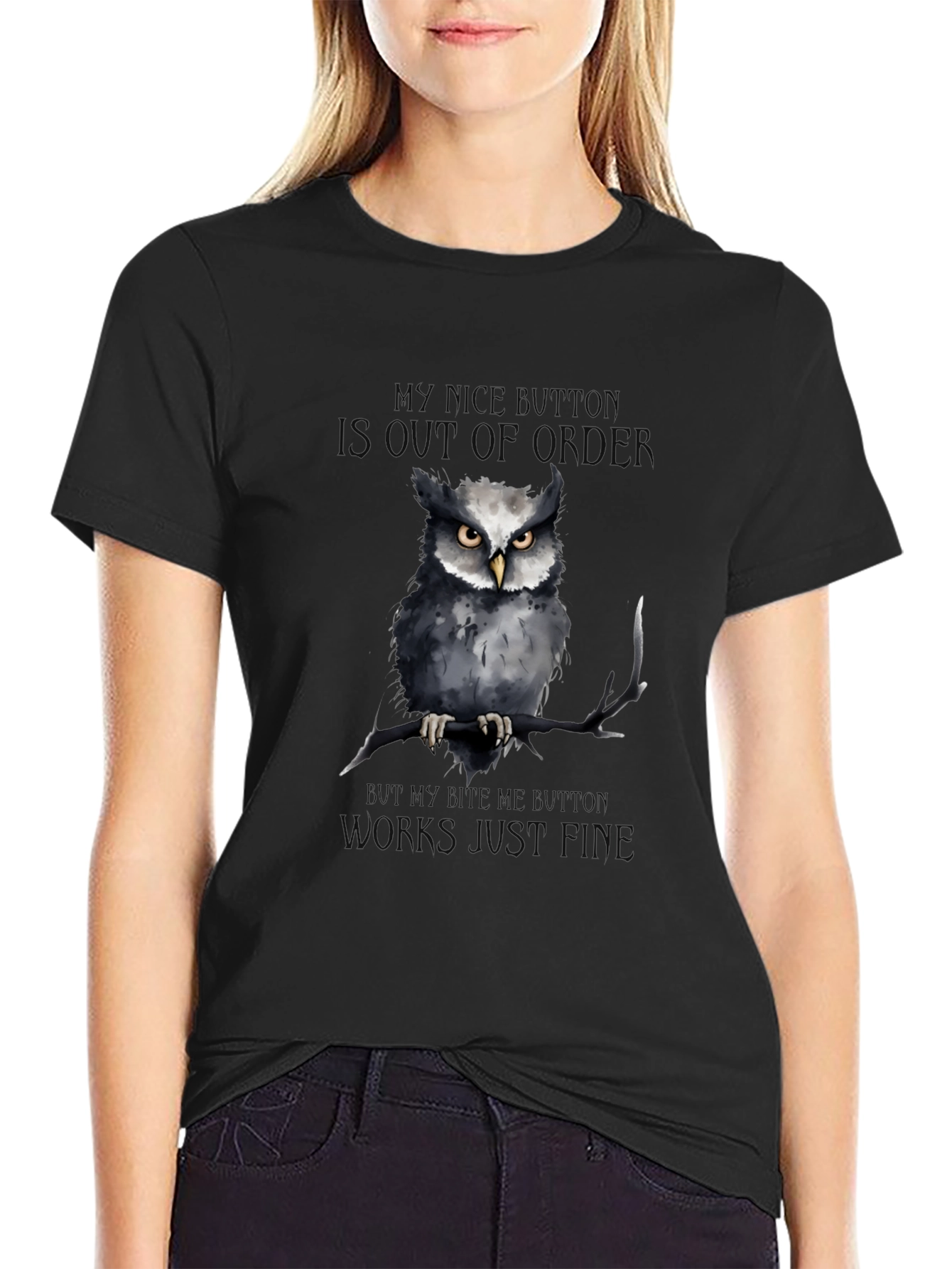 Black Funny Owl T-Shirt: My Nice Button Is Out of Order view 2
