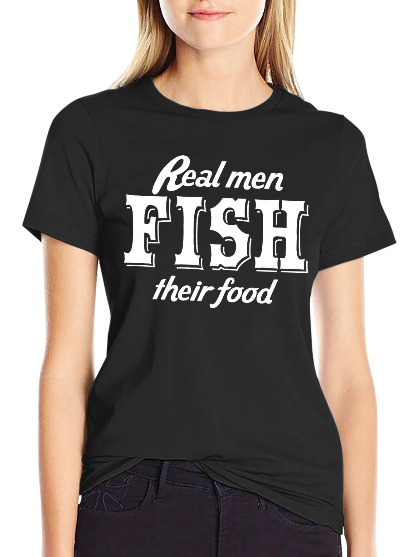 Black Real Men Fish T-Shirt - Funny Angler Tee view 2
