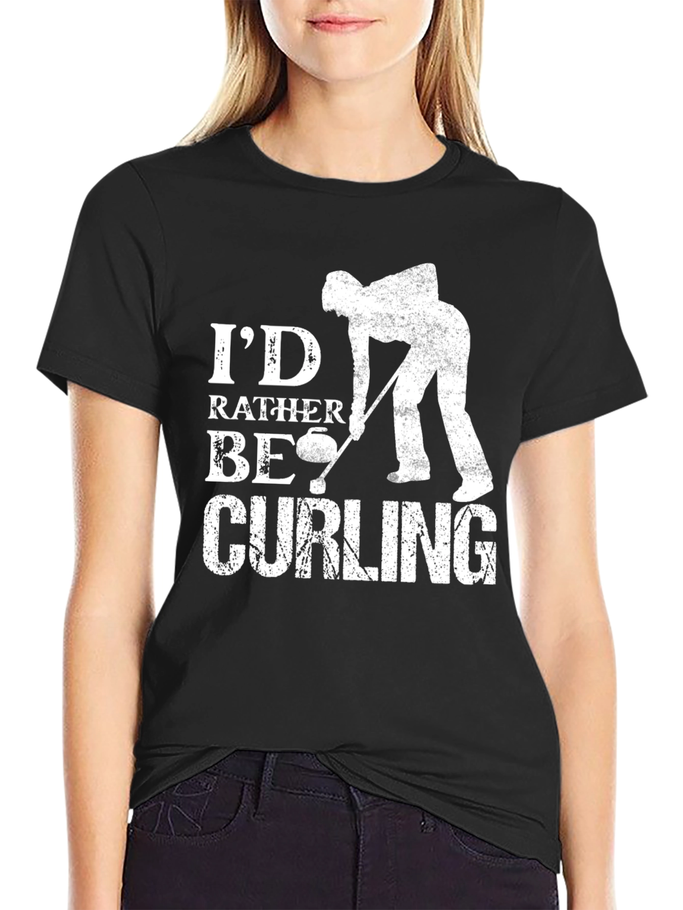 Black I'd Rather Be Curling T-Shirt view 2