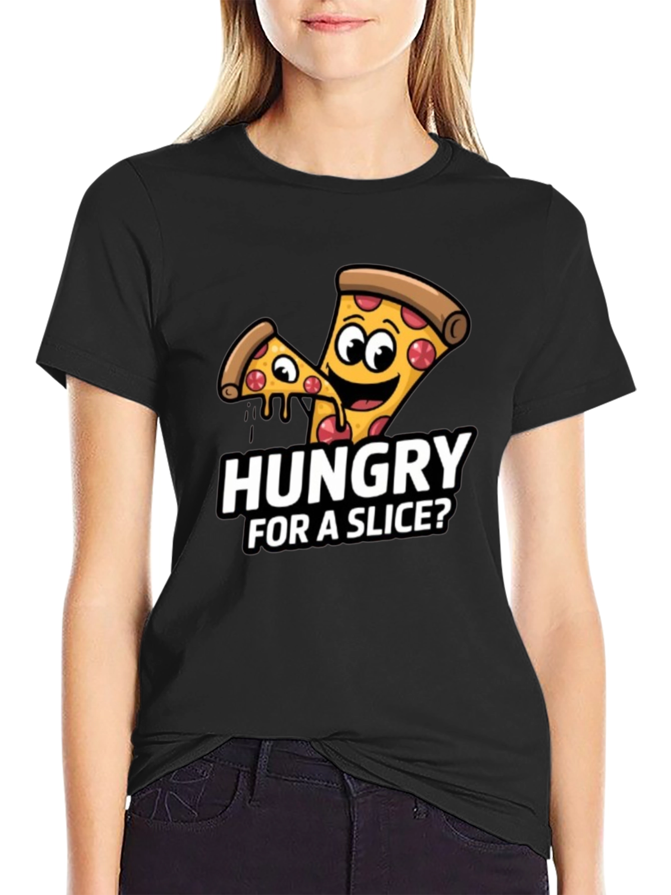 Black Hungry For a Slice? Pizza Graphic T-Shirt view 2