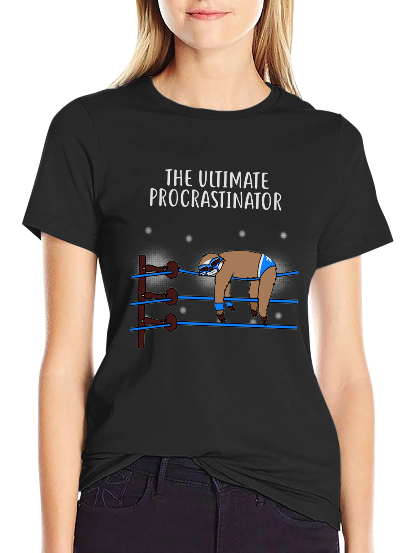 Black The Ultimate Procrastinator Wrestler Sloth Graphic Tee view 2