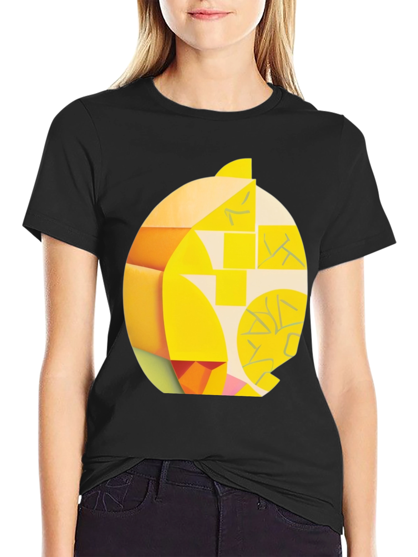 Black Abstract Geometric Lemon Graphic Tee - Modern Art Shirt view 2