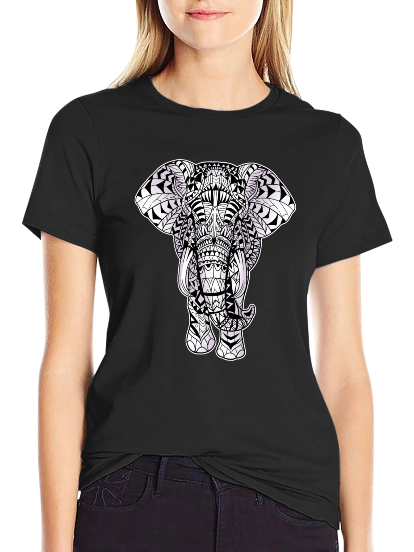 Black Elephant Mandala Print Black T-Shirt view 2
