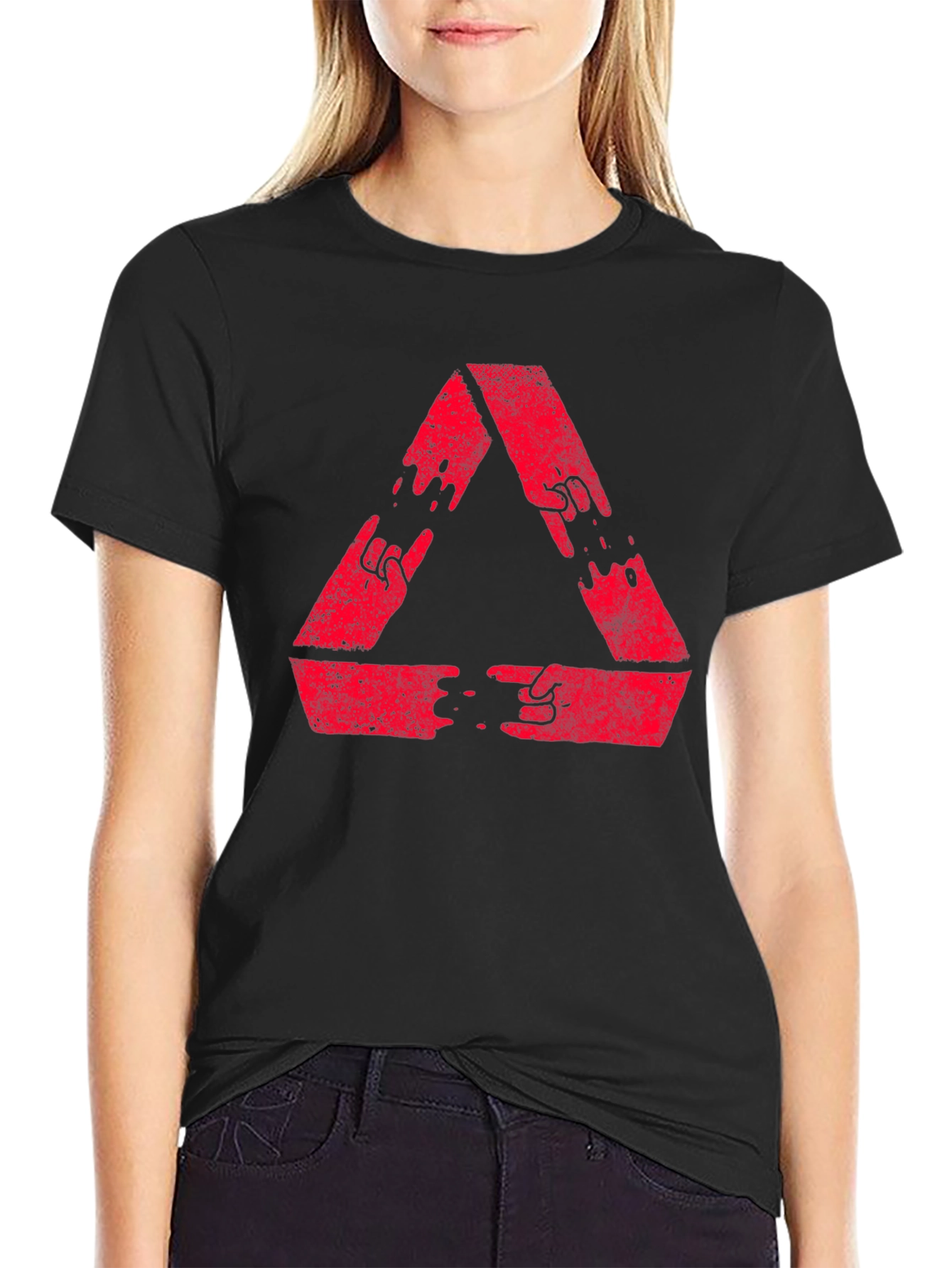 Black Red Triangle Hand Gesture Graphic Black T-Shirt view 2
