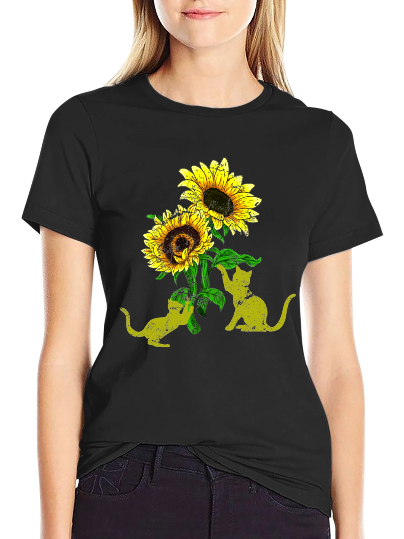 Black Sunflower Cats Black T-Shirt view 2