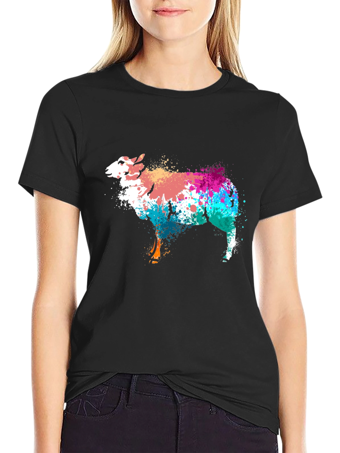 Black Colorful Sheep Graphic Tee - Black Cotton Blend view 2