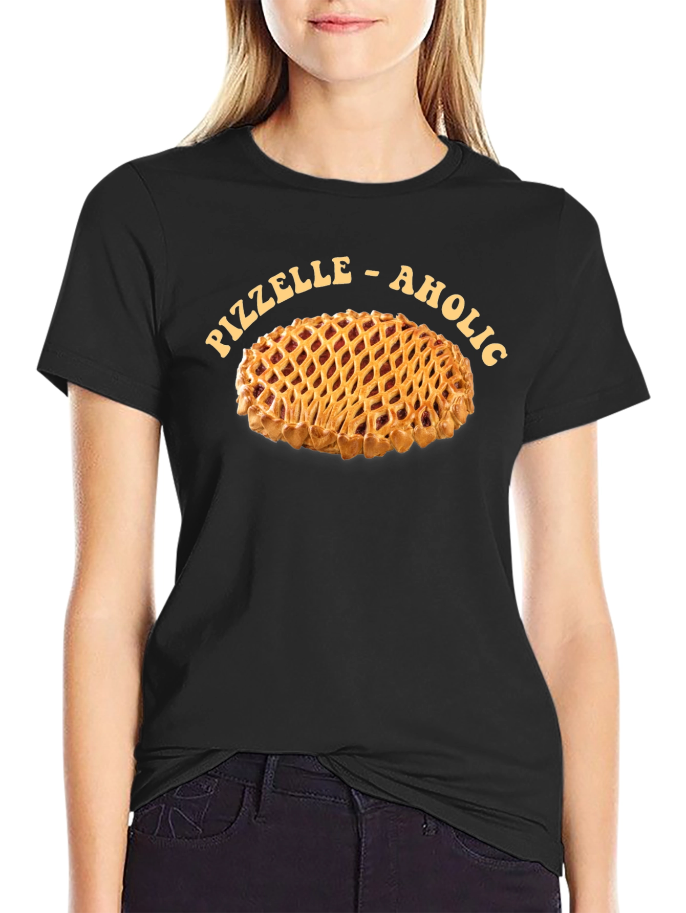 Black Pizzelle-Aholic T-Shirt, Pie Lover Apparel view 2