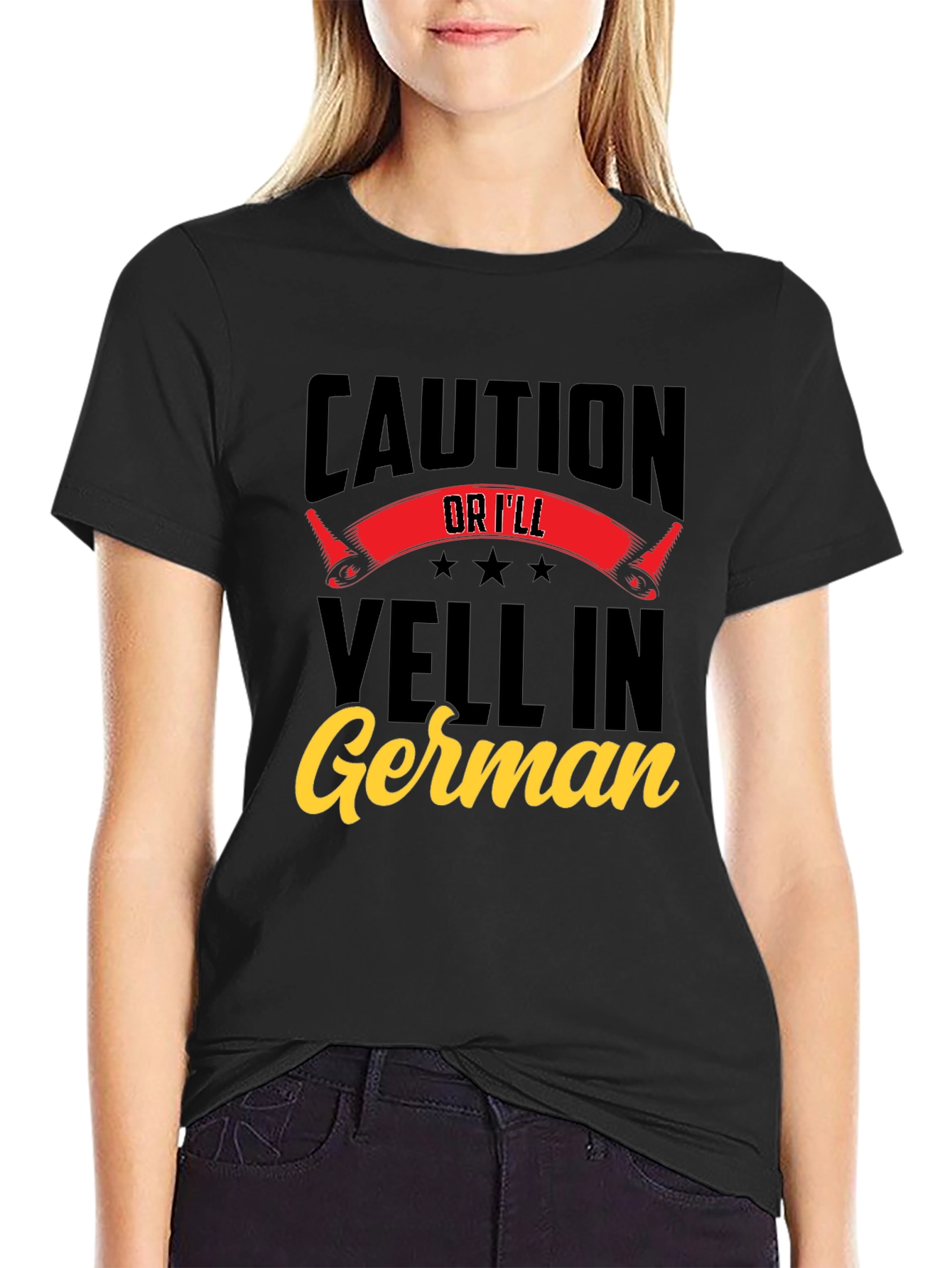 Black Caution Or I'll Yell In German T-Shirt view 2