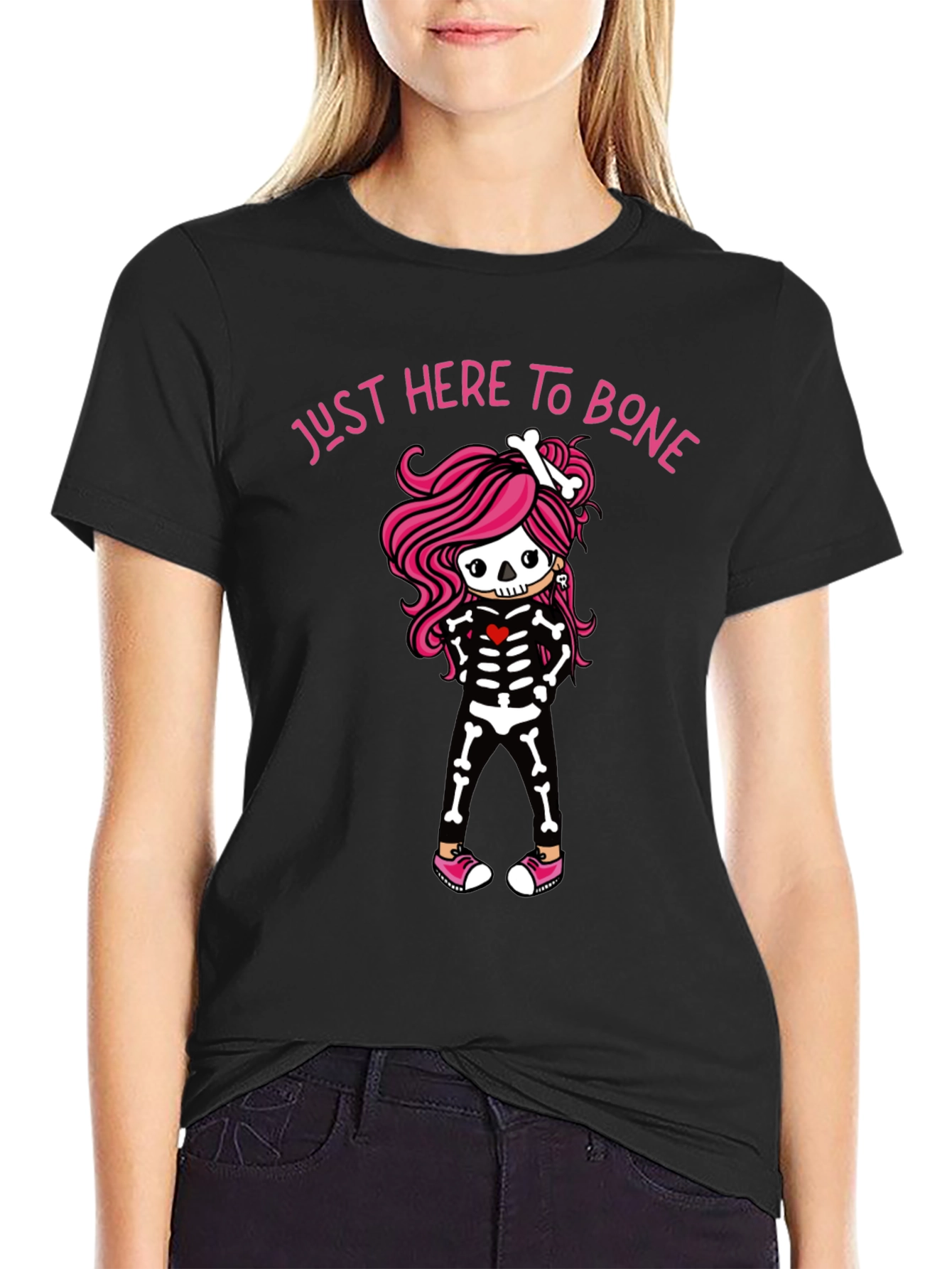 Black Just Here to Bone Skeleton Girl T-Shirt view 2