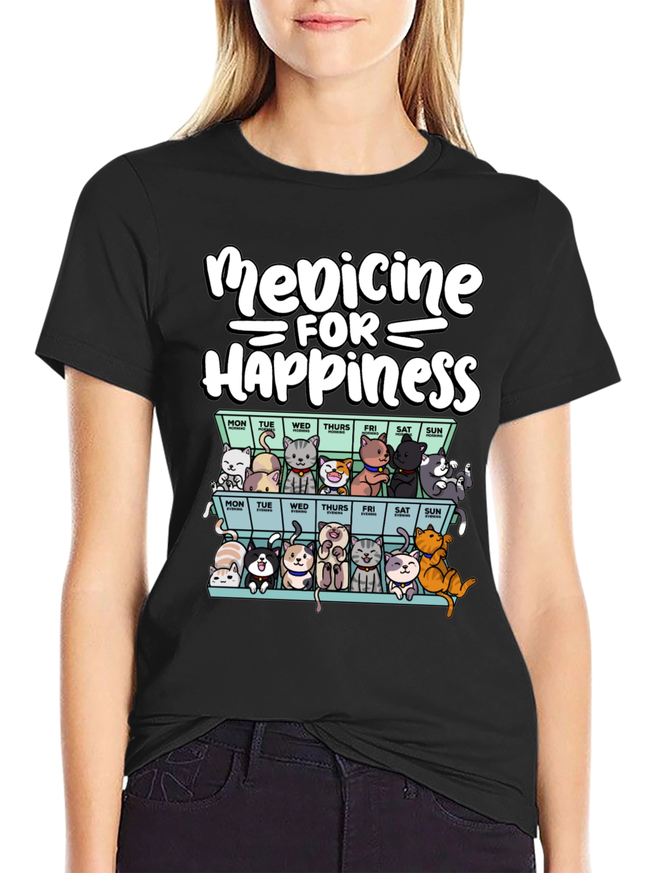 Black Medicine for Happiness Cat T-Shirt view 2