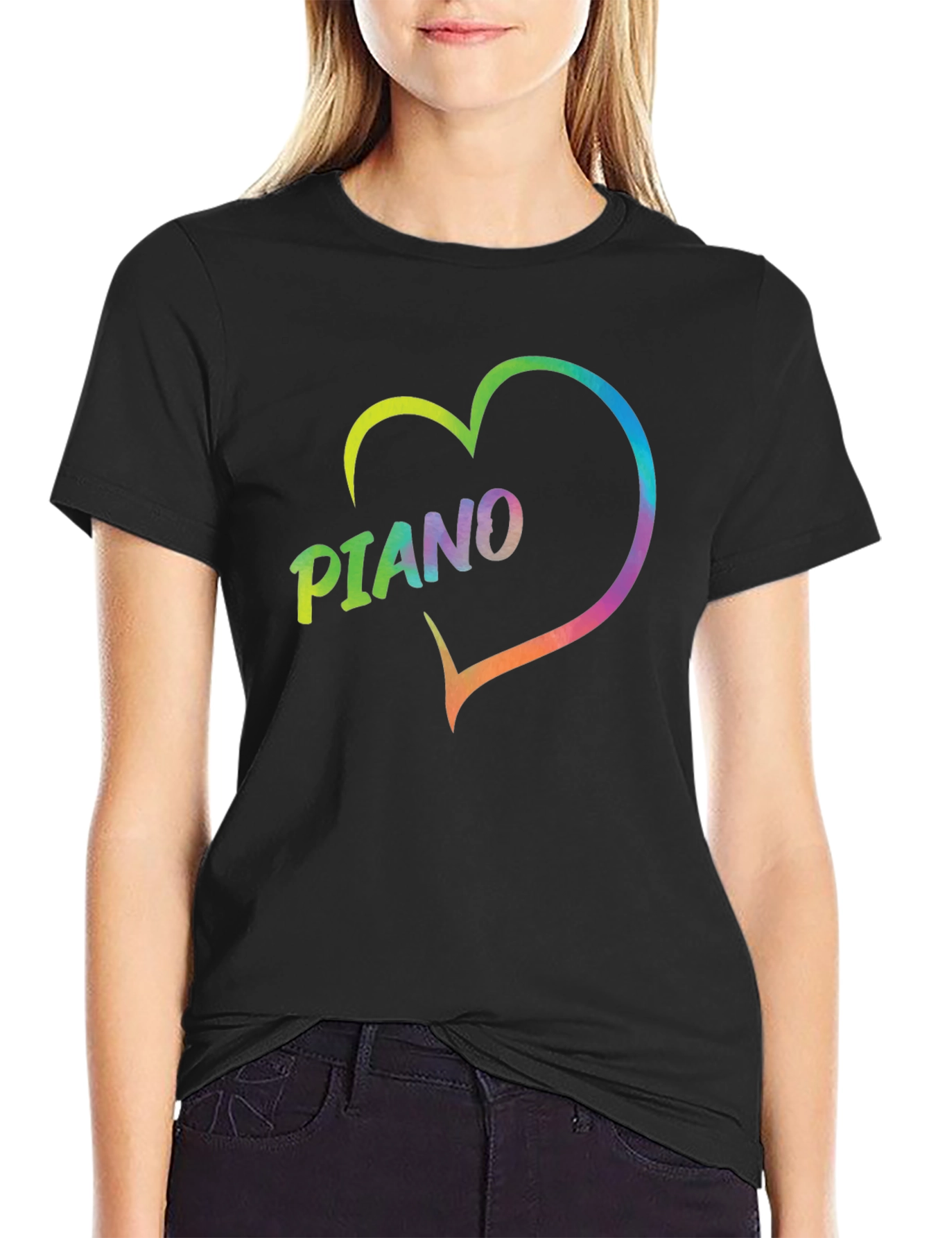 Black Rainbow Piano Heart Graphic T-Shirt - Black view 2