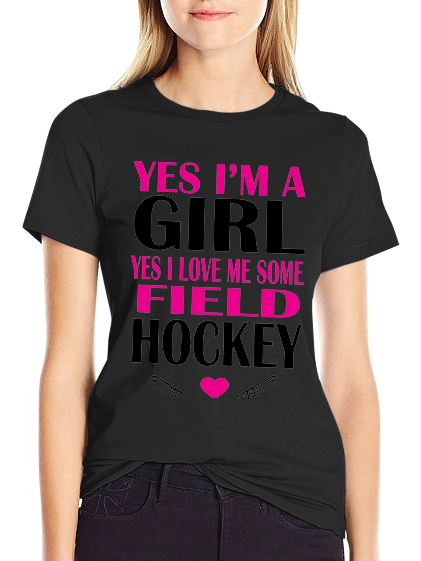 Black Yes I'm a Girl Field Hockey T-Shirt view 2