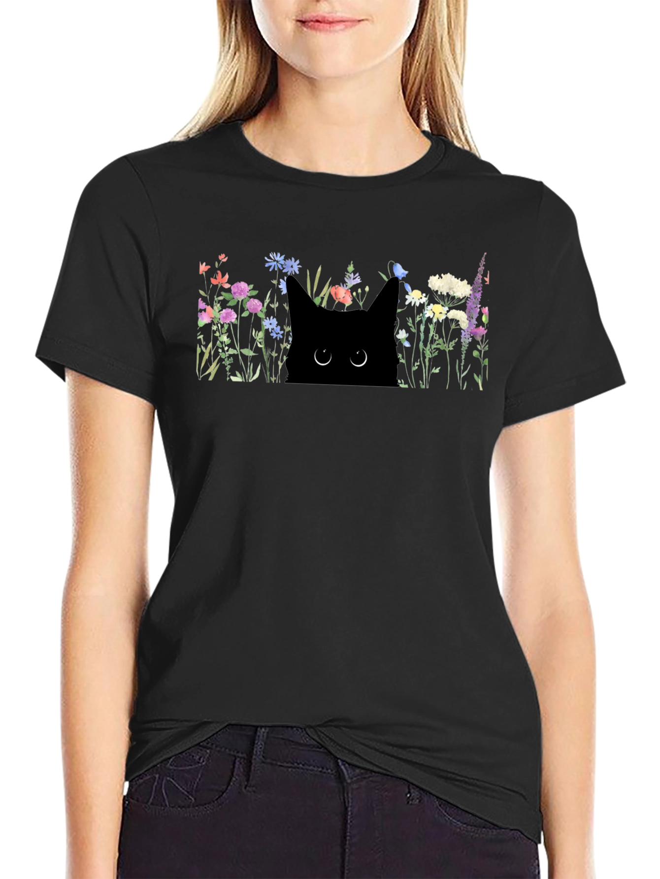 Black Black Cat in Flowers Graphic T-Shirt view 2