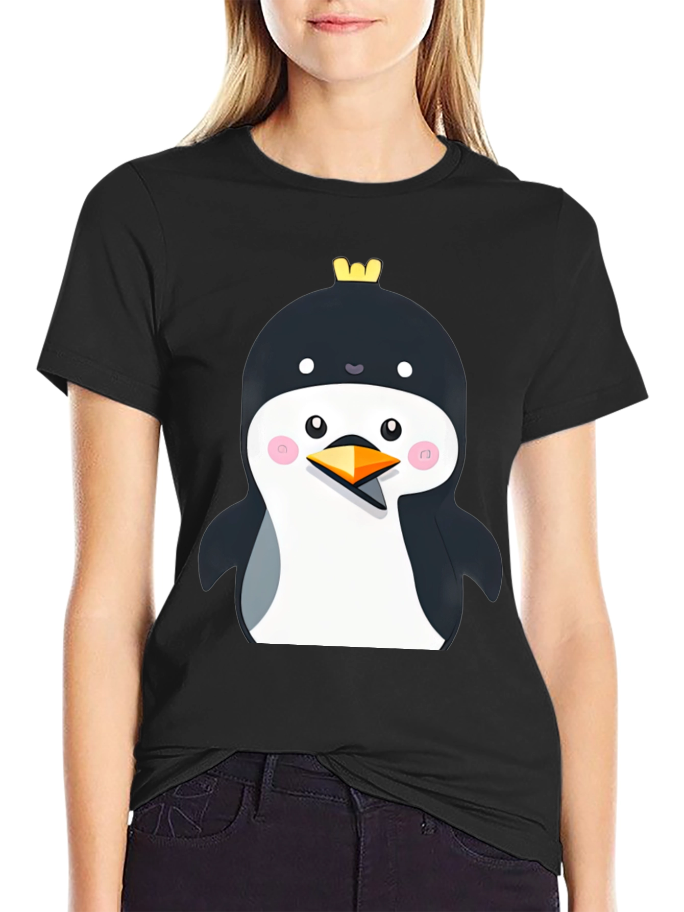 Black Penguin with Crown Black T-Shirt - Cute Cartoon Style view 2