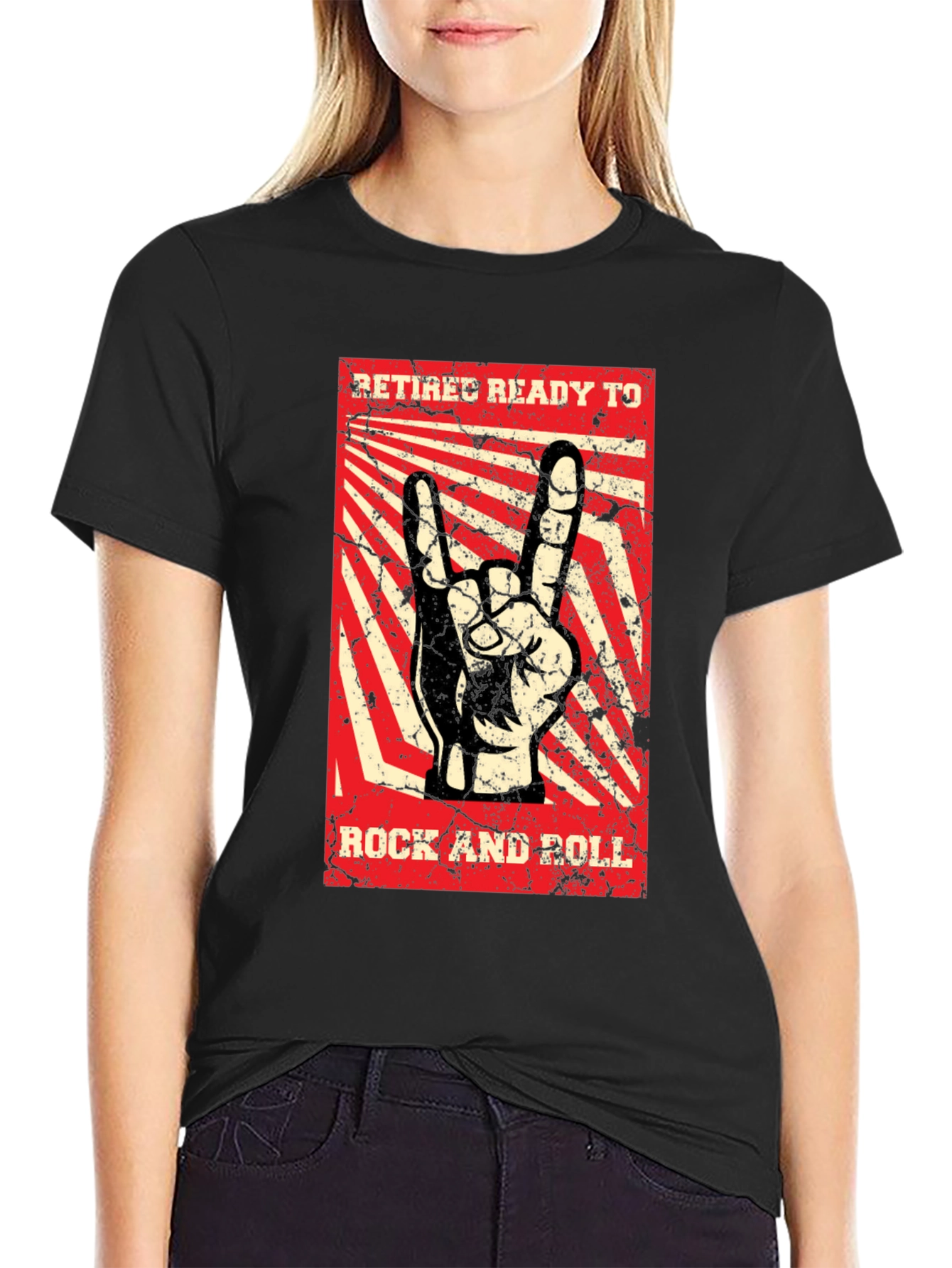 Black Retiree Ready to Rock T-Shirt - Rock and Roll Hand Sign view 2