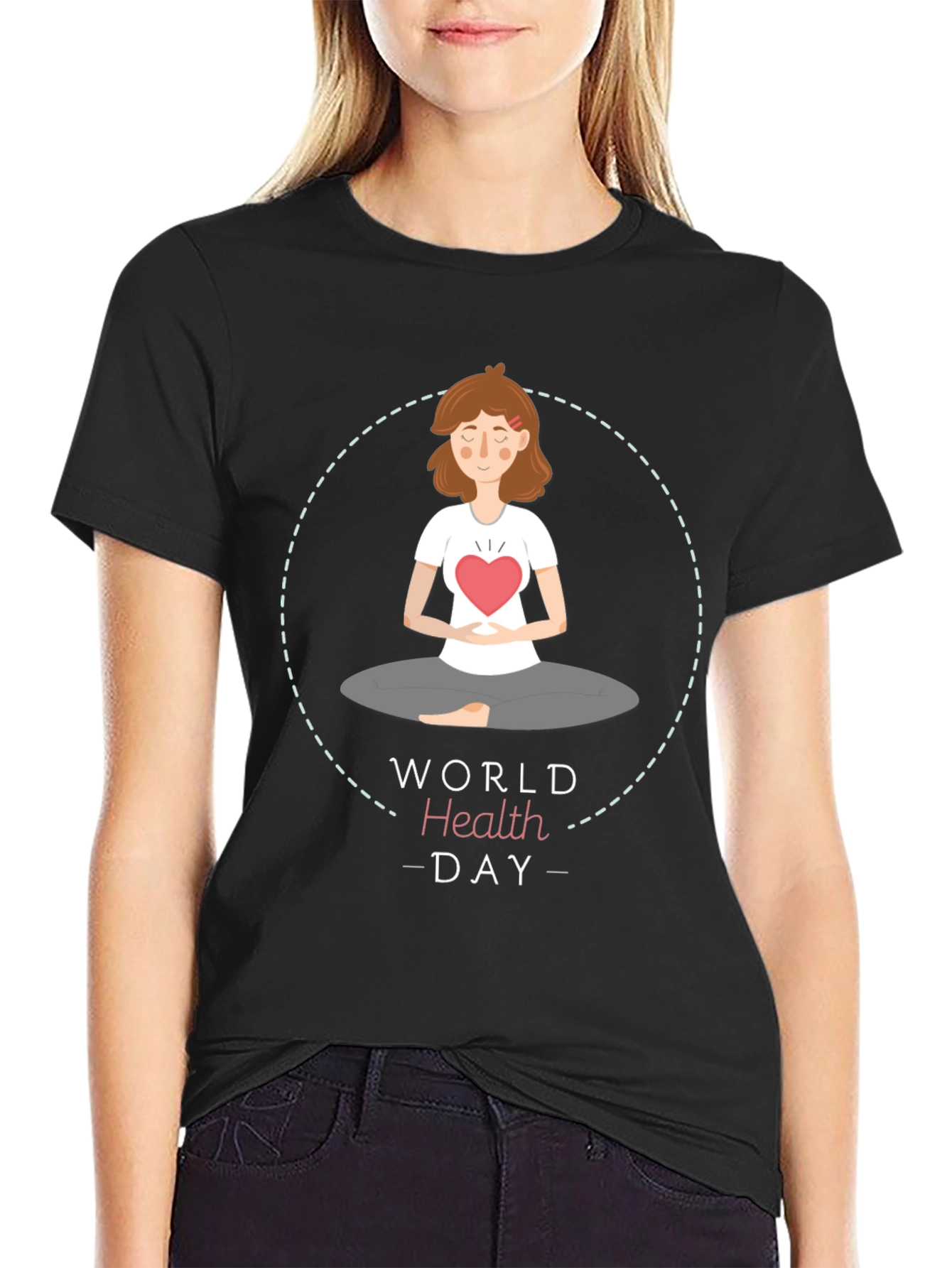 Black World Health Day Meditation T-Shirt - Heart Chakra view 2