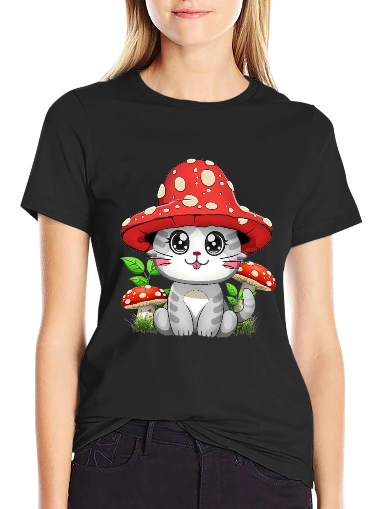 Black Mushroom Cat Graphic Tee - Whimsical Design view 2