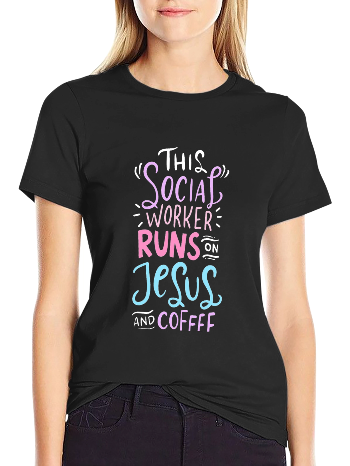 Black Social Worker Runs on Jesus and Coffee T-Shirt view 2