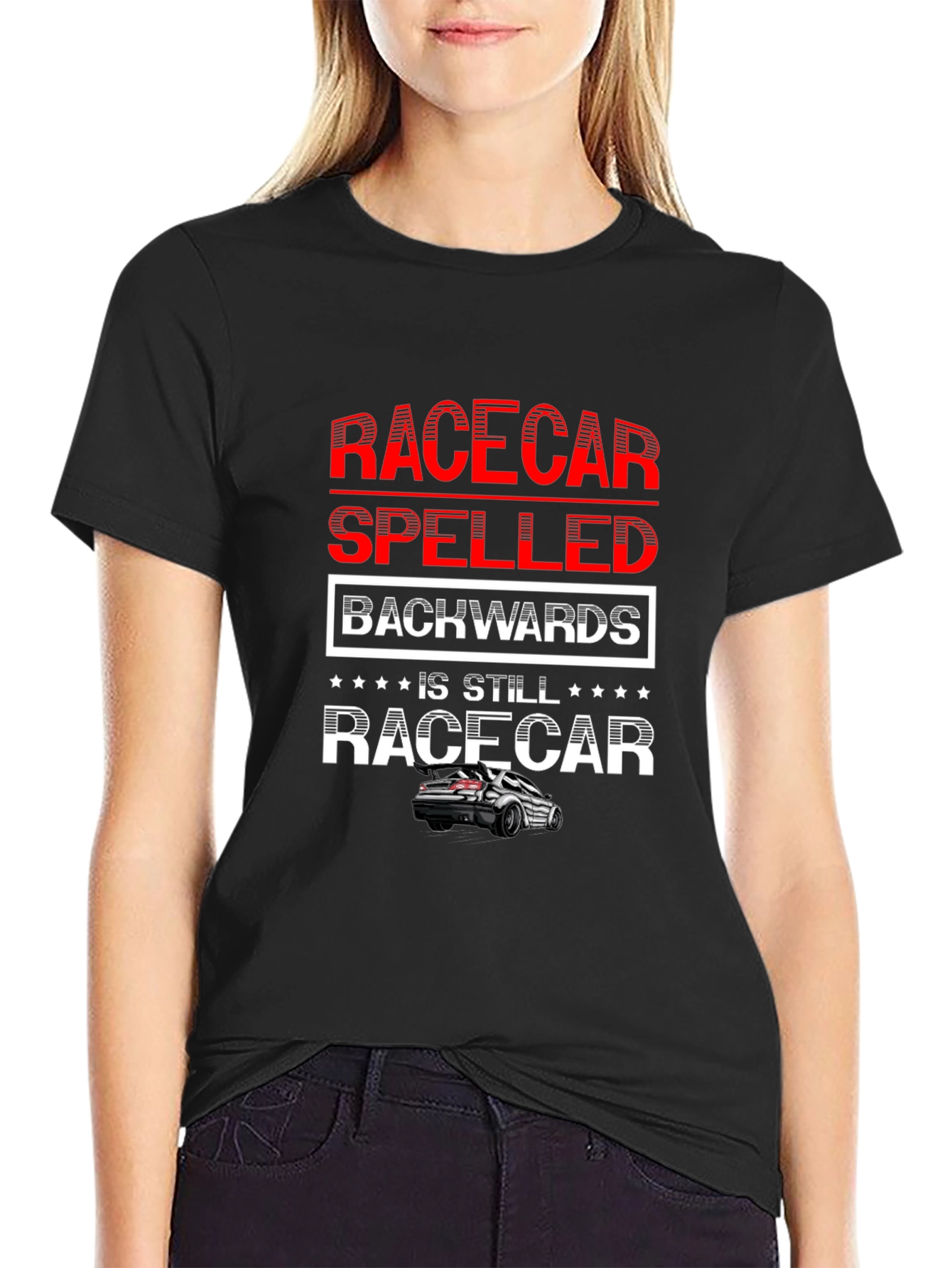 Black Racecar Spelled Backwards T-Shirt - Car Enthusiast Apparel view 2