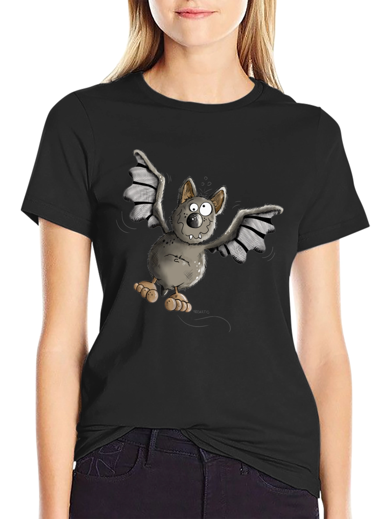 Black Funny Bat Cartoon Graphic T-Shirt view 2