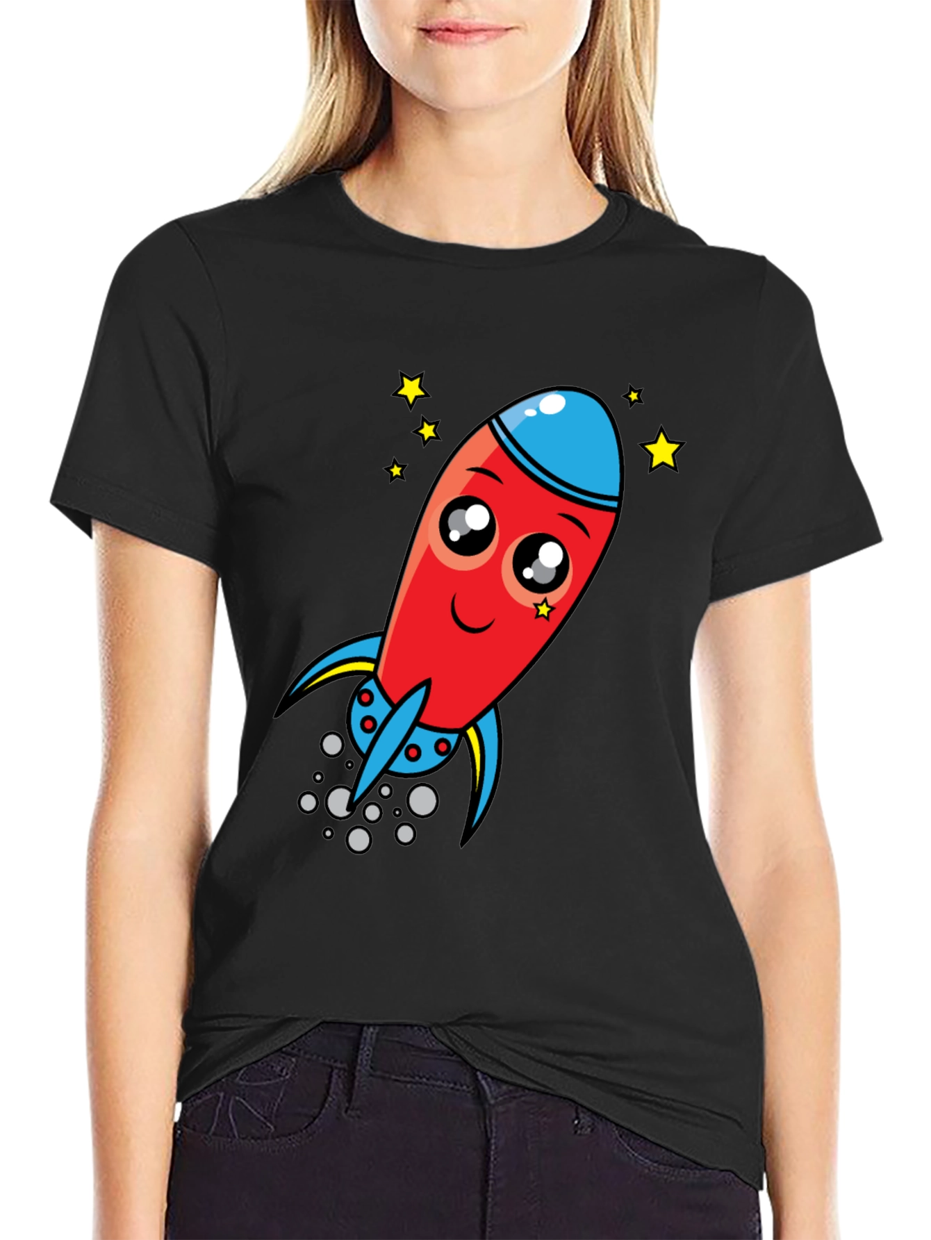 Black Cartoon Rocket Graphic Tee - Black Cotton T-Shirt view 2