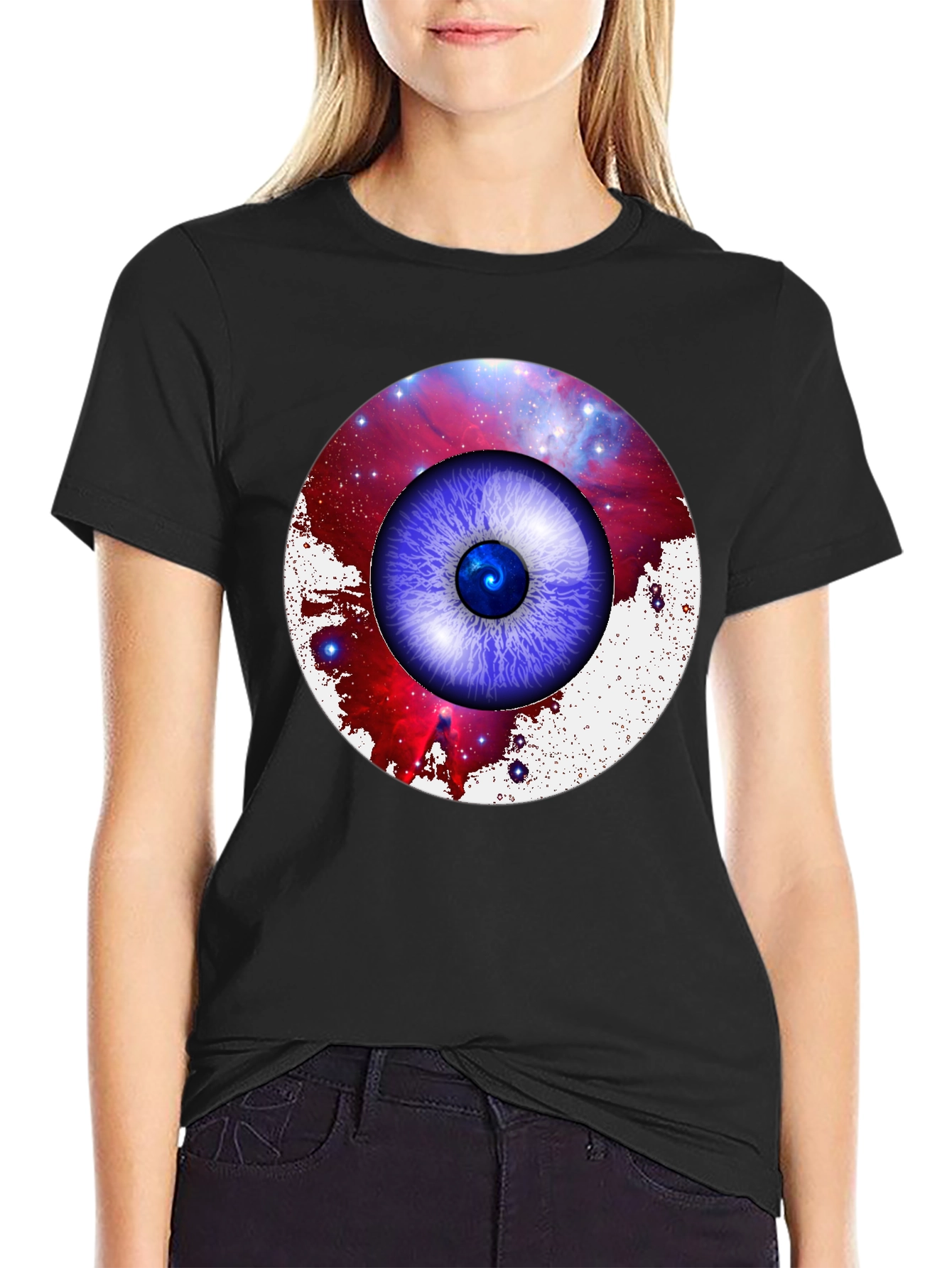 Black Galaxy Eye Graphic Print Crew Neck T-Shirt view 2