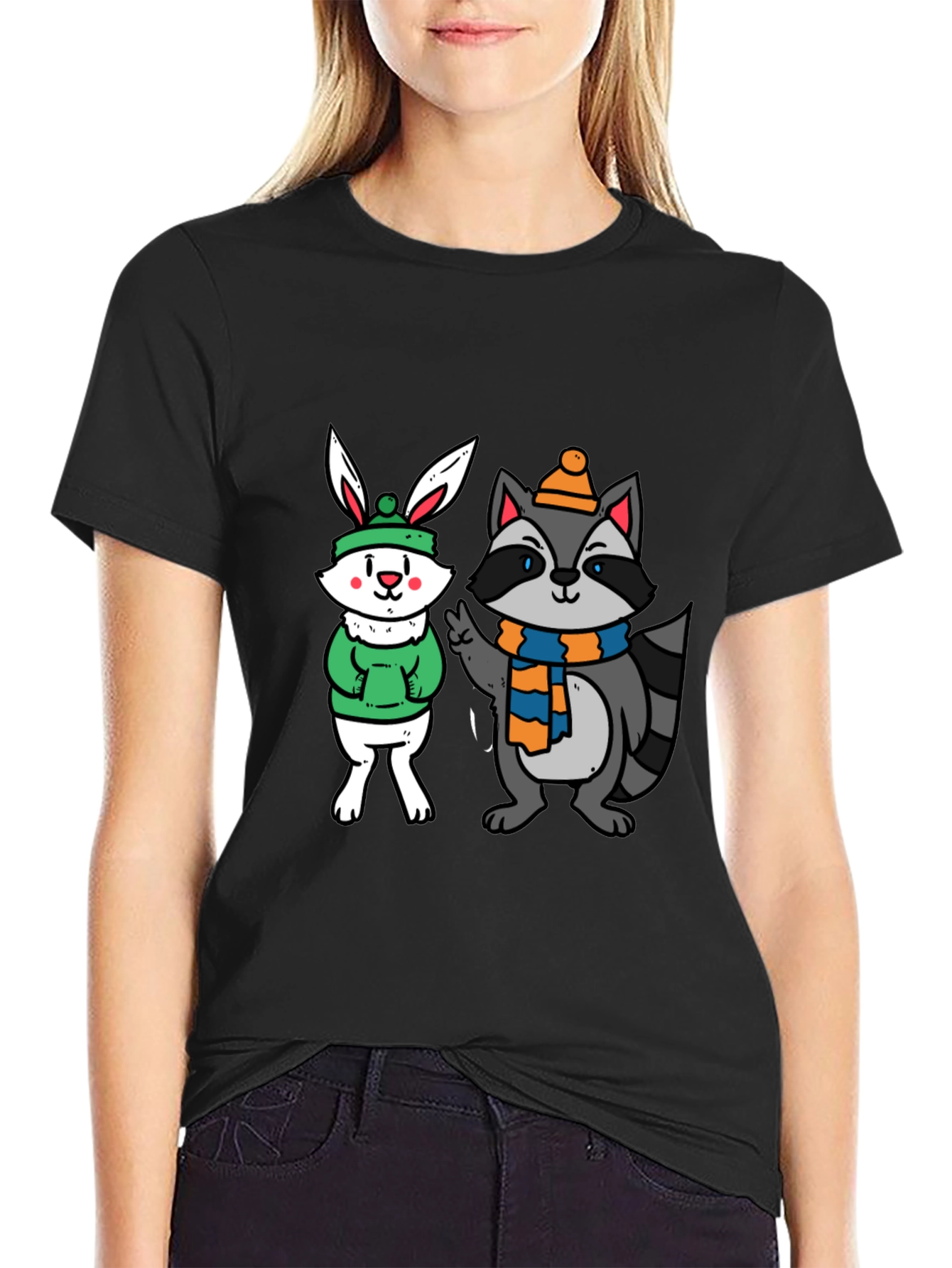 Black Cute Cartoon Animals Graphic Black T-Shirt view 2