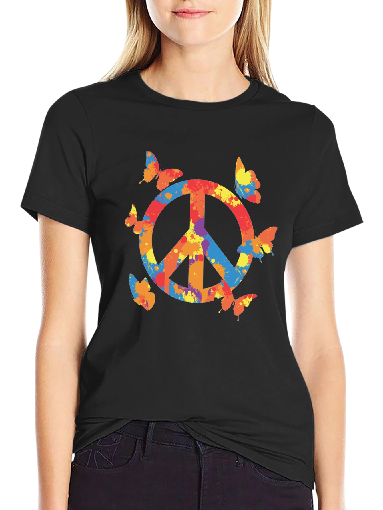 Black Peace Sign Butterfly Graphic Tee - Black Casual T-Shirt view 2