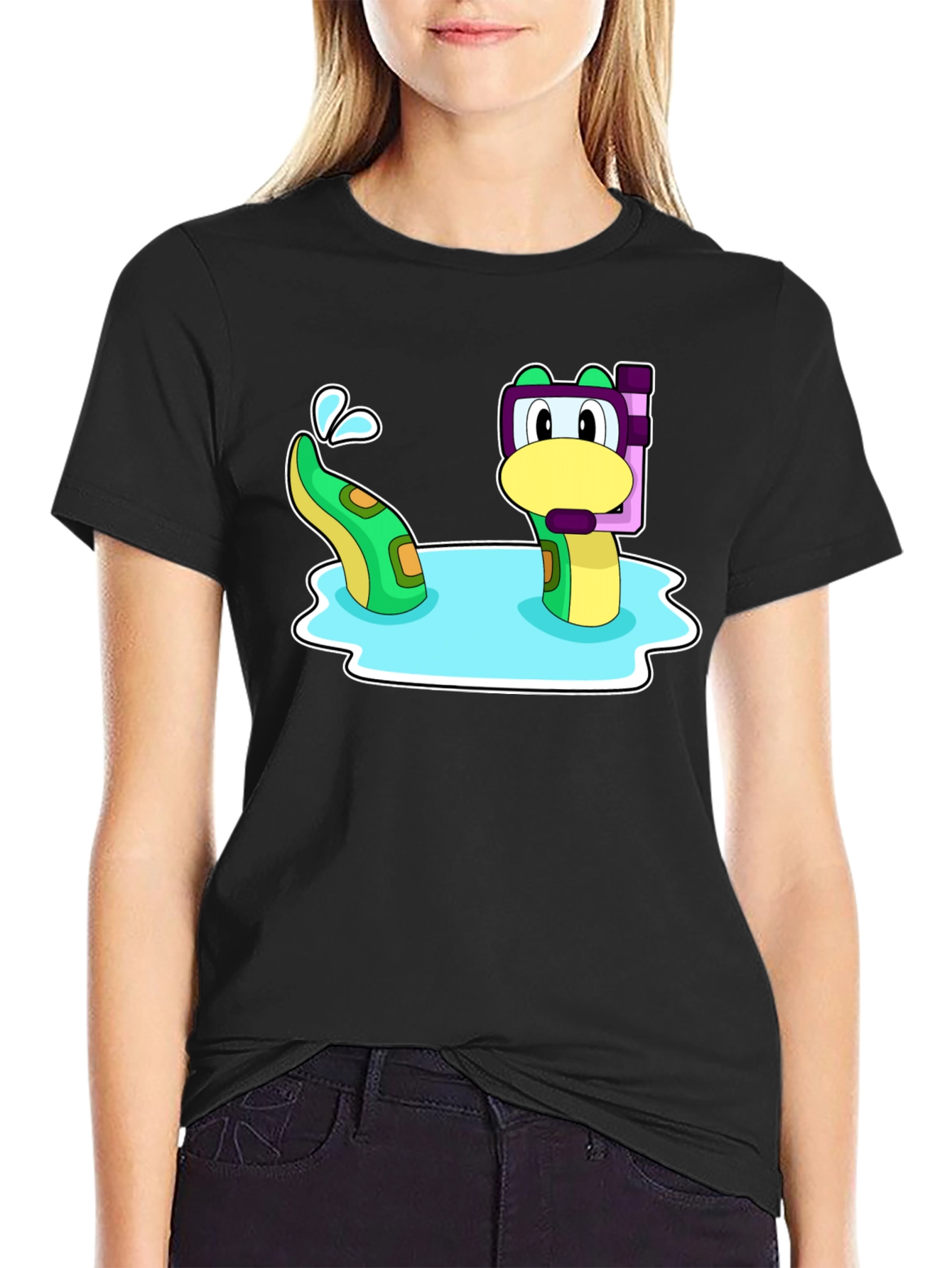 Black Cartoon Sea Serpent Snorkel T-Shirt view 2