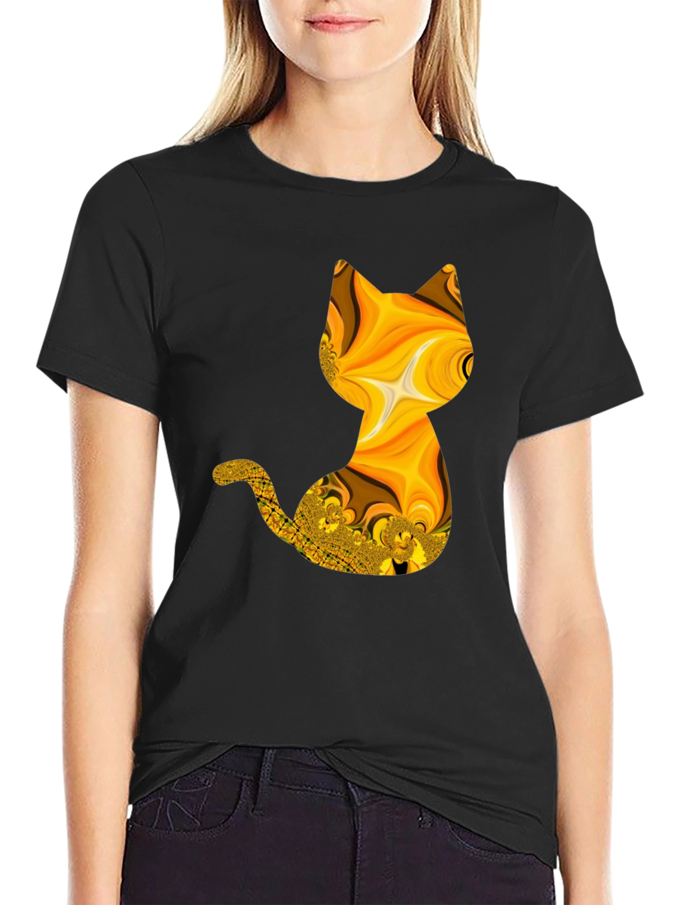 Black Abstract Fractal Cat Graphic Black T-Shirt view 2