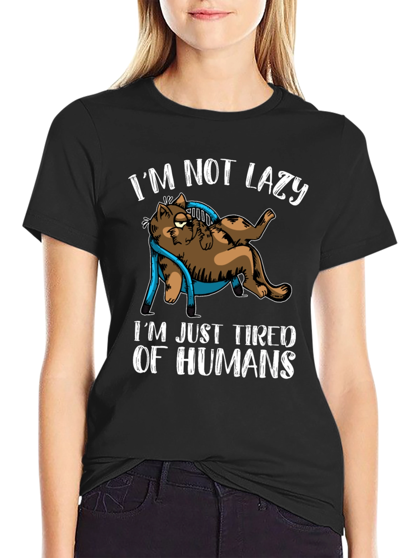Black I'm Not Lazy Tired of Humans Cat Graphic T-Shirt view 2