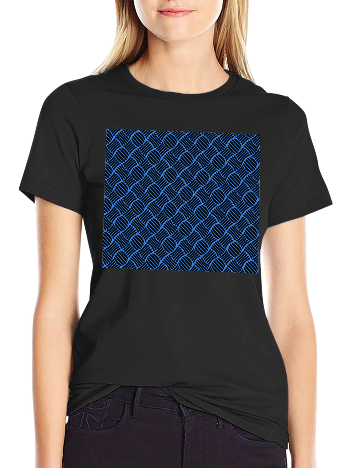 Black Stylish Black T-Shirt with Blue Weave Pattern view 2