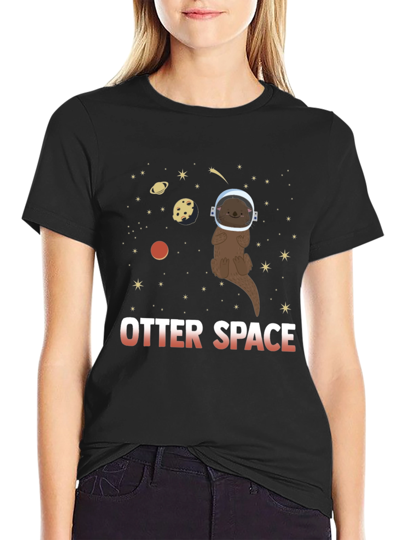 Black Otter Space T-Shirt - Cute Astronaut Otter Design view 2