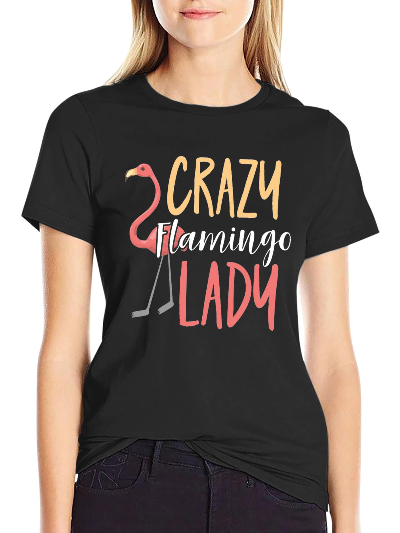 Black Crazy Flamingo Lady T-Shirt - Novelty Tee view 2